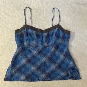 NWOT dosa bias cut camisole in blue check pattern with lace trim size 3